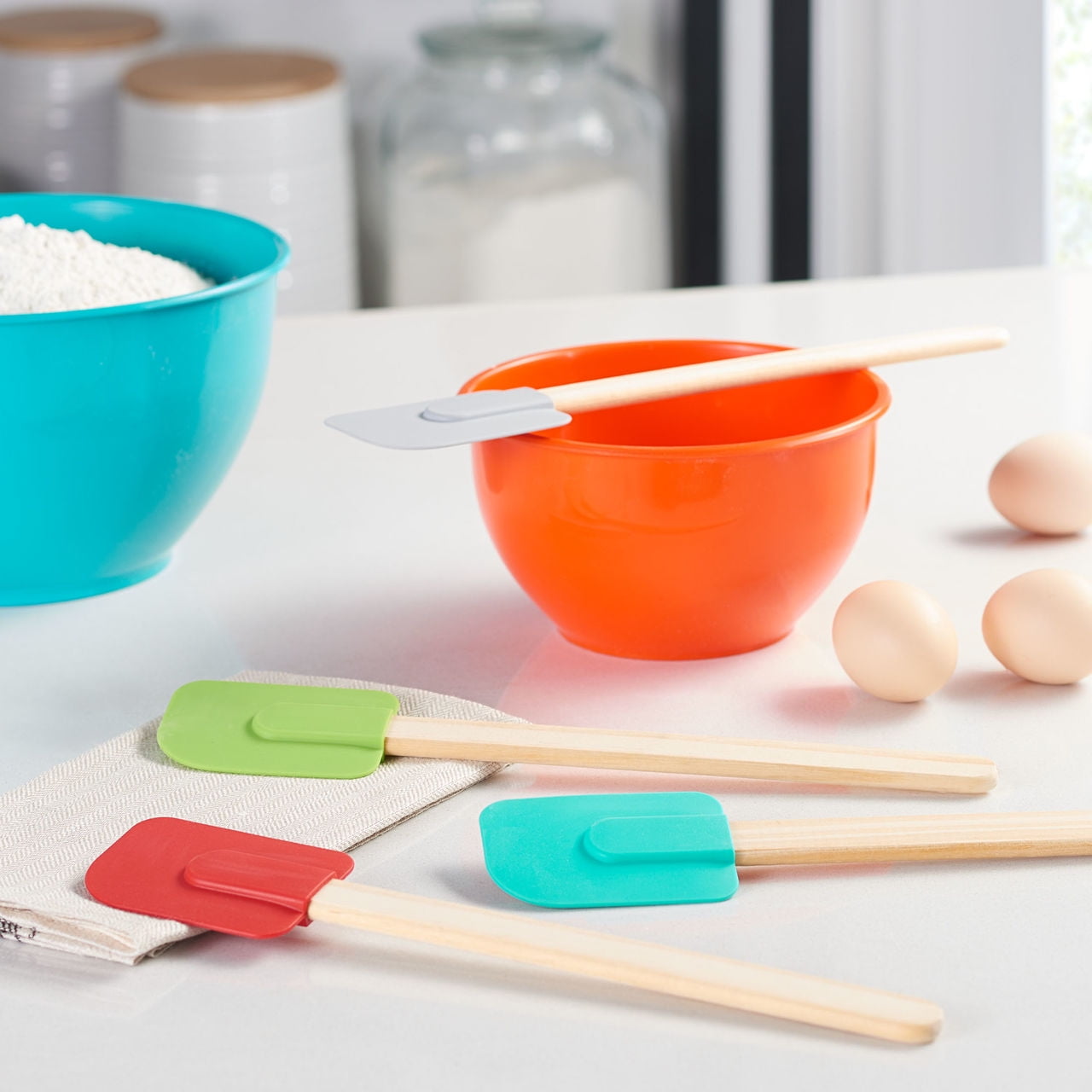 Mainstays Colorful Silicone Spatulas Set 4 with Wooden Handles, Red, Silver, Green and Blue Color