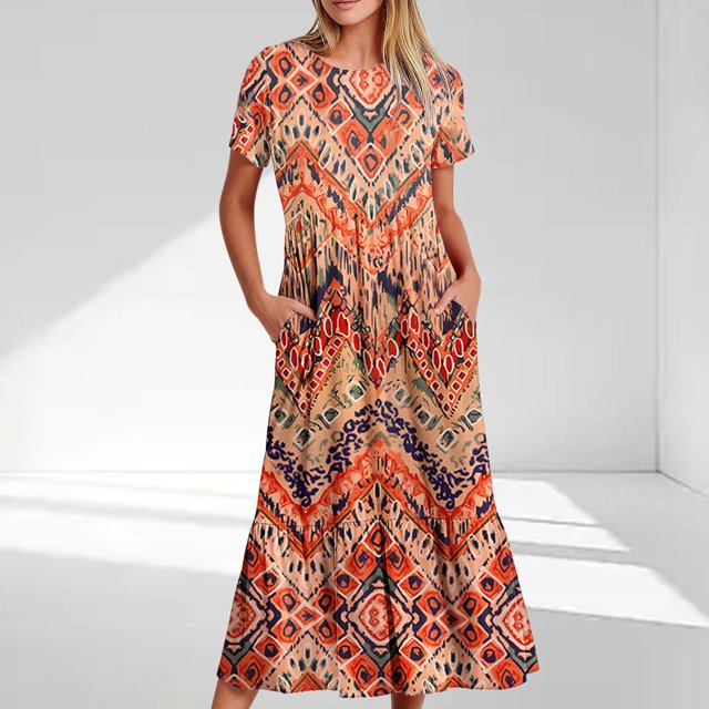 Offre à Durée Limitée Iumwxz Robes à Manches Courtes Col Rond pour Femmes Tunique Décontractée Ample Robe Longue Plissée Robe Imprimée Tendance Robes d'Été pour Femmes Robes Tendance pour Fête