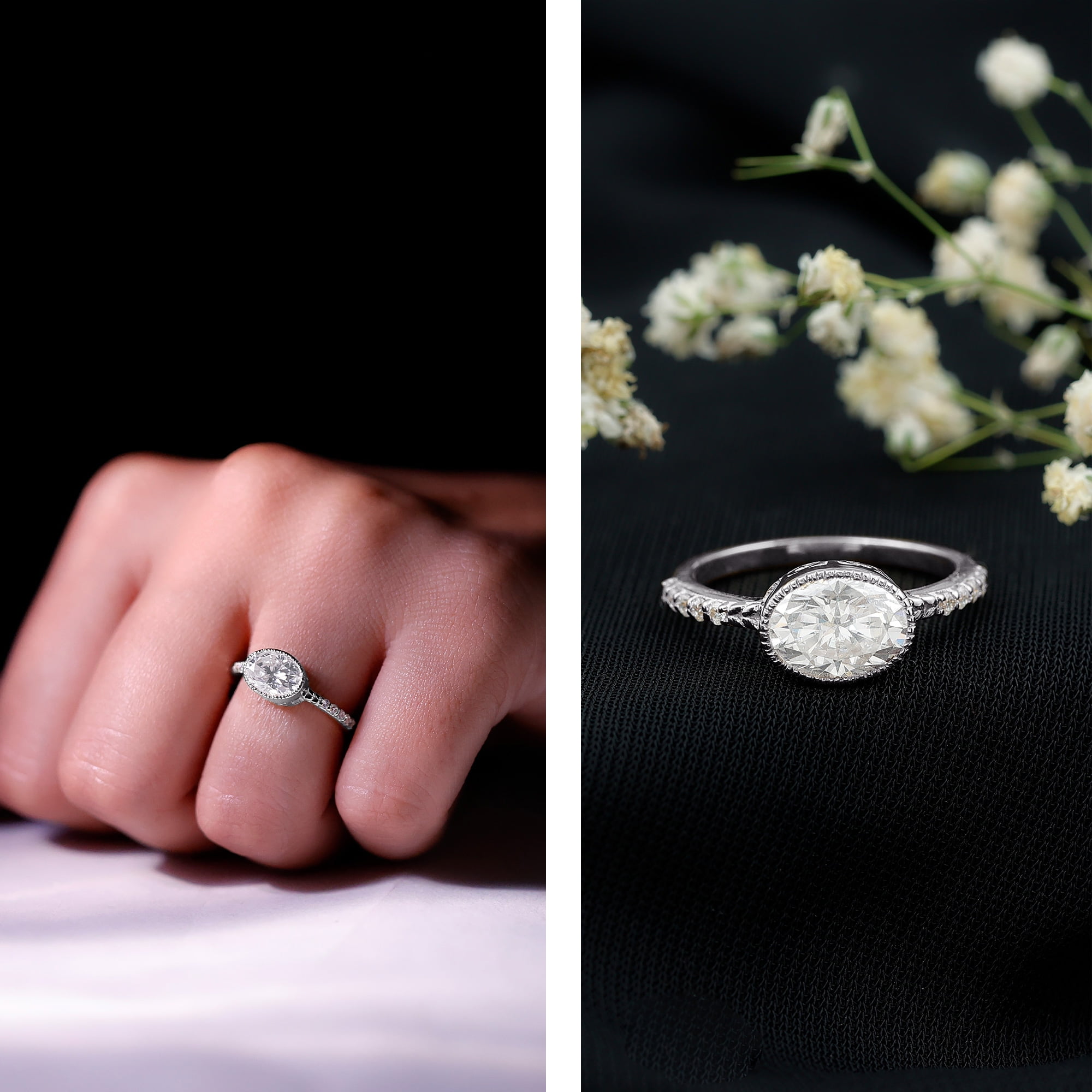 Rosec Jewels Moissanite Oval Engagement Ring 1 Carat - East West Ring for Women - 6X8 mm - D-VS1 Quality Certified, 14K White Gold, US 5.00