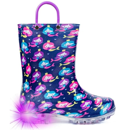 

Toddler Girls Rain Boots Little Kids Baby Light Up Rubber Printed Waterproof Mud Insulated Shoes Mermaid Pink Blue Lightweight Adorable with Easy-on Handles Non Slip Size 1