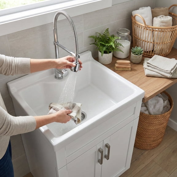 Simpli Home Hennessy 24 inch Wide Utility Sink and Laundry Cabinet, Glacier White