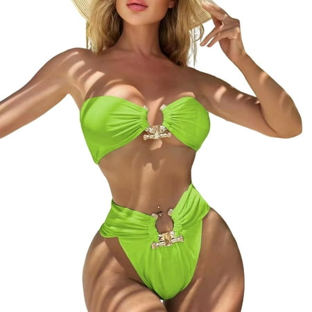 Kitem 2Pcs/Set Women Summer Bikini Set Metal Buckle Bandeau Bra High Waist Swimming Bottoms Solid Color Quick Drying Swimsuit Beachwear (Yellow Green L)