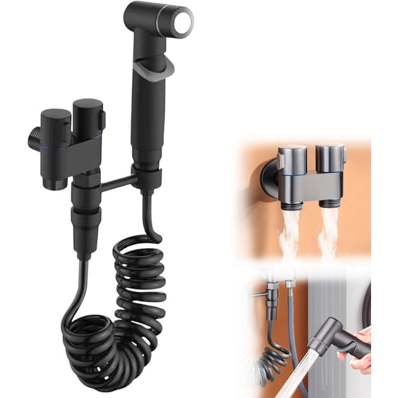 Toilet Bidet Sprayer,Toilet Faucet Sprayer Kit,1-in-2-Out Dual Control Valve,Two out Double Control Washing Machine Faucet Toilet Triangle Valve,Hand Held Bidet Sprayer for Toilet (Black)