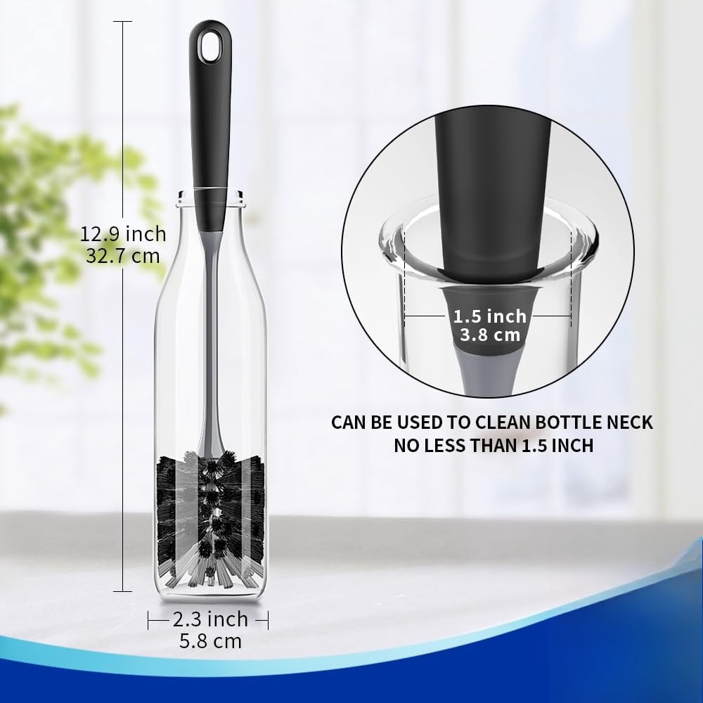 Long Handle Bottle Brush, Flexible Scrub Brush for Water Bottles, Glasswares, Mugs, Black, 2 Pack