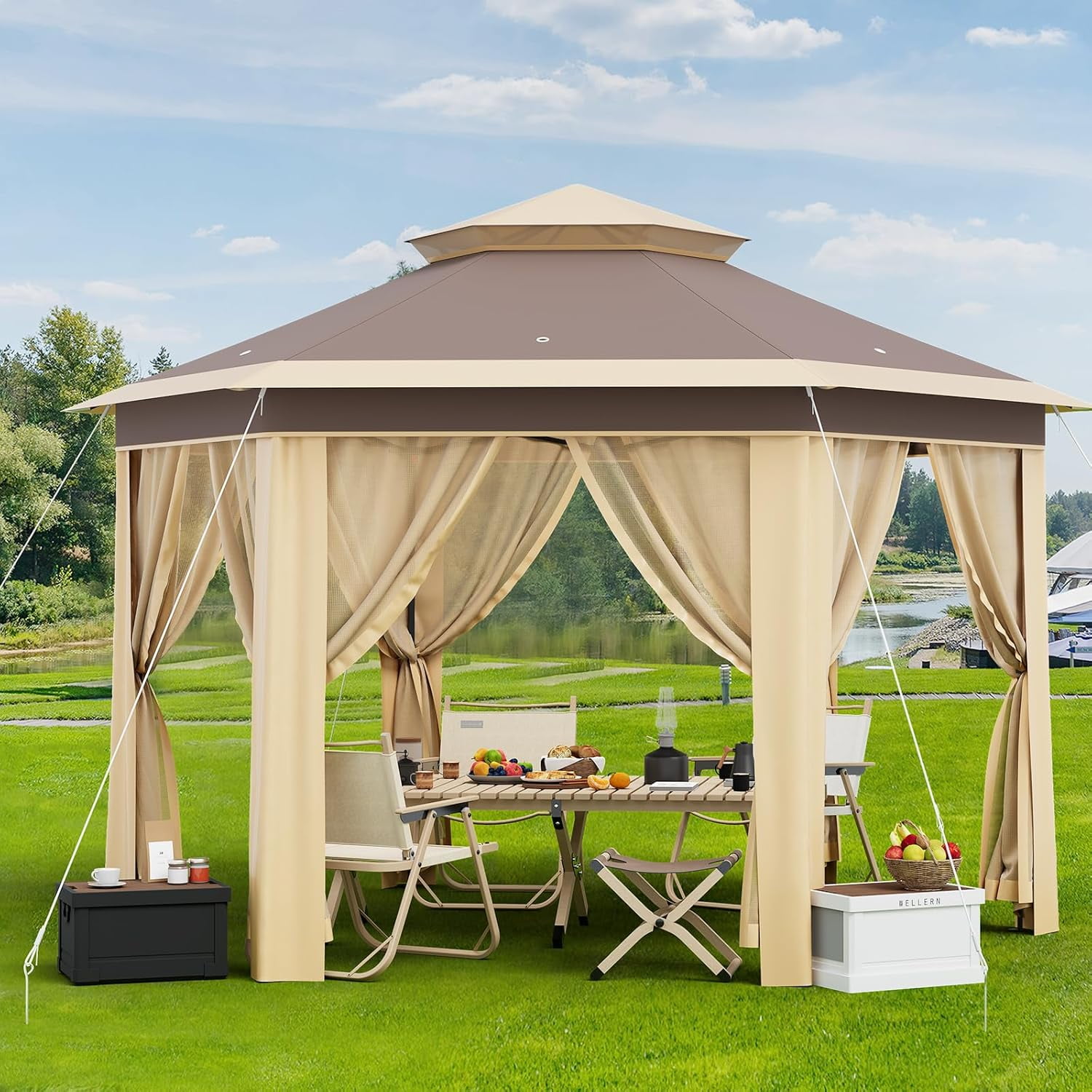 Lumiparty 13x13 ft Outdoor Pop Up Gazebo with Mosquito Netting, Adjustable Height Gazebo Shelter with Carry Bag for Backyard, Garden, Patio, Khaki