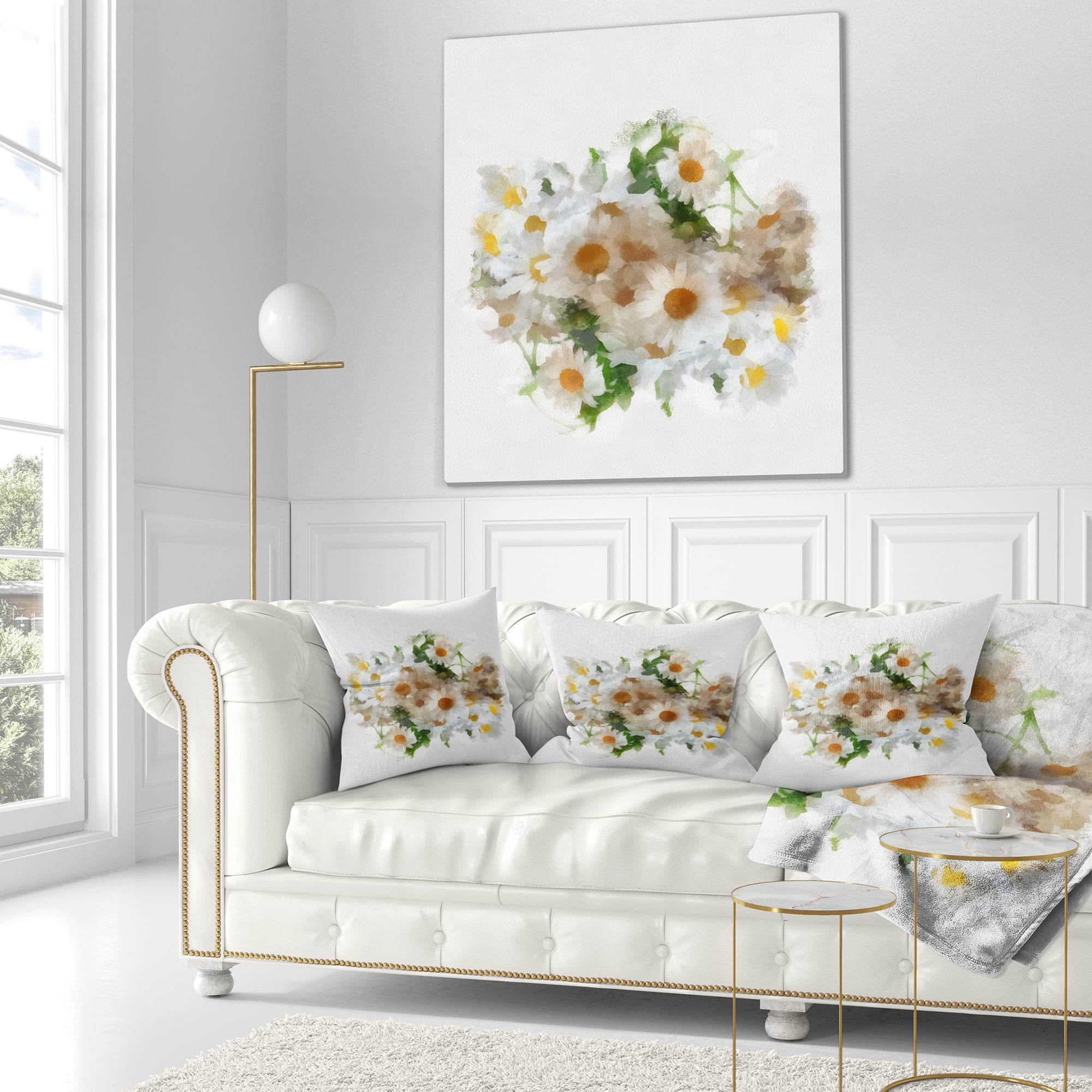 Designart Bunch of White Chamomiles Watercolor - Flower Throw Pillow - 16x16