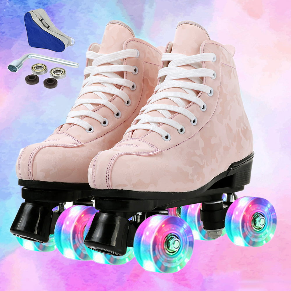 Unisex Roller Skates Double Row Four Shiny Wheels Rubber and PU Leather Classic High-top Roller Skates Shoes for Indoor and Outdoor 