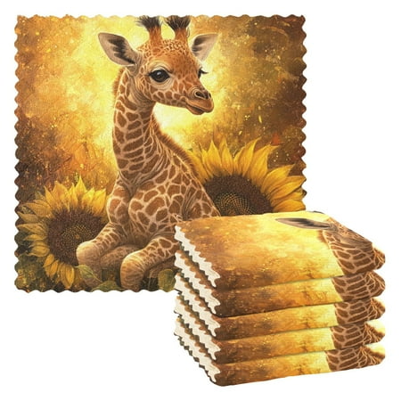 

WOBOGO Giraffe Sunflower Illustration Kitchen Towels 6pcs Ultra Soft Absorbent Quick Drying Dish Cloths 11×11inch