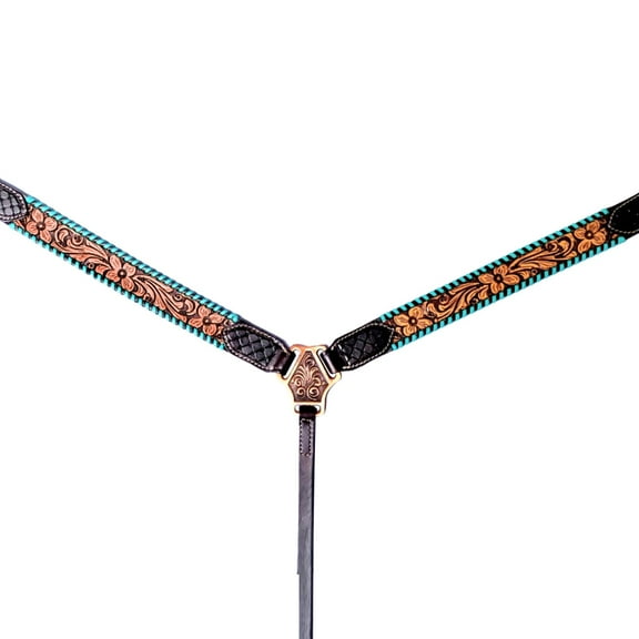 HILASON Western Horse Breast Collar American Leather Floral Teal Buckstich