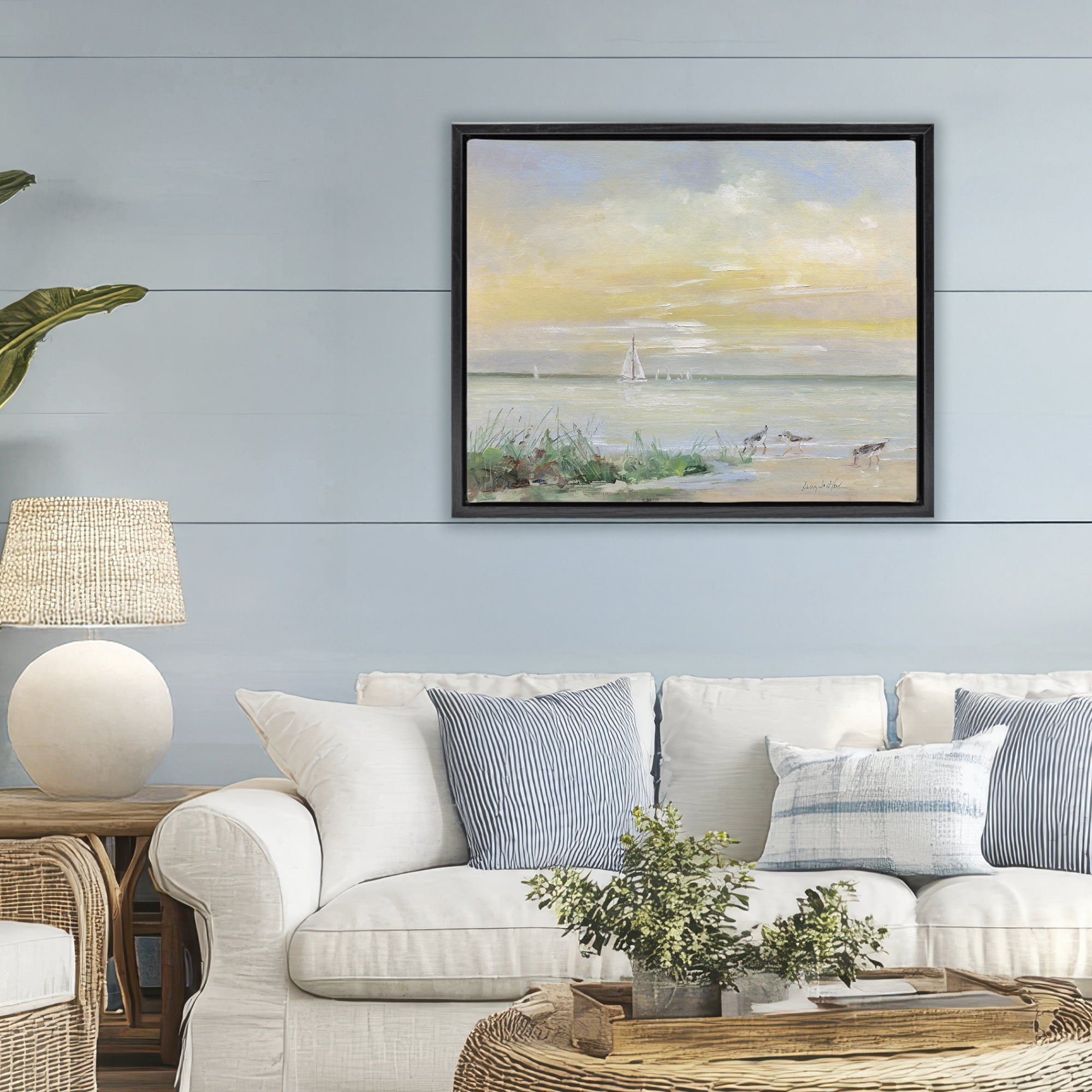 Stupell Industries Sailboats & Sanderlings Shore Black Framed Floater Canvas Wall Art, design by Sally Swatland