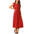thumbnail image 4 of Vestido midi casual sin mangas con volantes para mujer Inspire Chic, cuello redondo, plisado, fluido y con cinturón, talla XL, rojo, 4 of 5