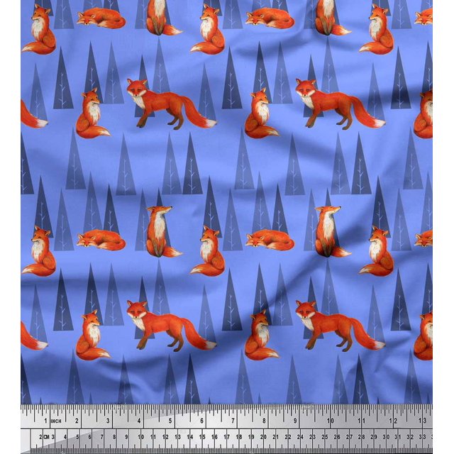 Soimoi Blue Poly Georgette Fabric Artistic Tree & Wolf Animal Print Sewing Fabric Yard 42 Inch Wide