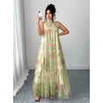 thumbnail image 5 of Green Floral Mesh Sleeveless High-Neck Tiered Maxi Dress For Women, 5 of 6