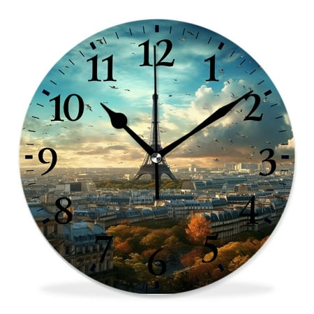 12 Inch Wall Clock Battery Operated Silent Clock Decorative for Office, Kitchen, Outdoor, Living Room，Eiffel Tower France Paris City Beautiful