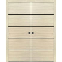 Sliding French Double Pocket Doors 36 x 80 inches | Planum 0015 Natural Veneer with Frosted Glass | Kit Trims Rail Hardware | Solid Wood Interior Bedroom Sturdy Doors
