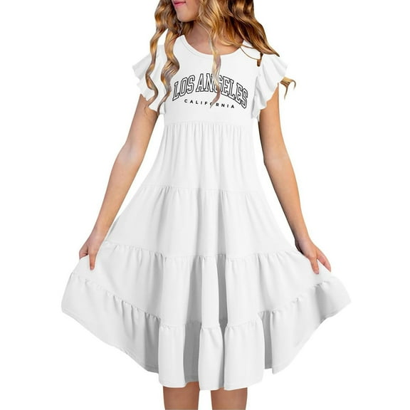 Wdgfv Girls Summer Flowy A-Line Dress Double Layer Flutter Sleeve Gradient Midi Casual Boho Tween Dresses for Kids 6-15 Years White 14-15 Years
