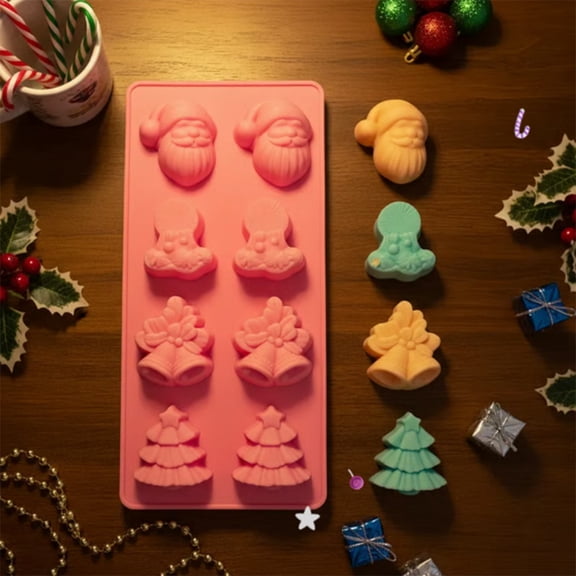 CHENjy Chocolate Molds Silicone 8 Cavity Santa Candle Bell Christmas Tree for Holiday Baking Candy Making DIY Gifts 12.4*4.88*0.98 in