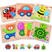 Magifire Wooden Puzzles, Set of 6 Montessori Toys for 1 Year Old, Toys for Toddlers 1-3, Baby Wood Toys with Chunky Pieces with Bag - Ladybug, Car, Bee, Bear, Butterfly, Turtle