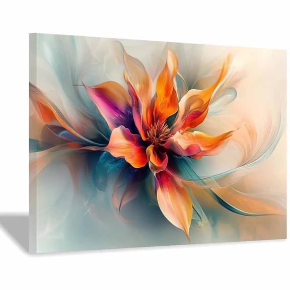 Mudket Orange and Teal Fluid Abstract Flower Canvas Wall Art, Modern Floral Wall Decor, Framed Ready to Hang Artwork for Living Room Bedroom Office - 12"L x 8"W