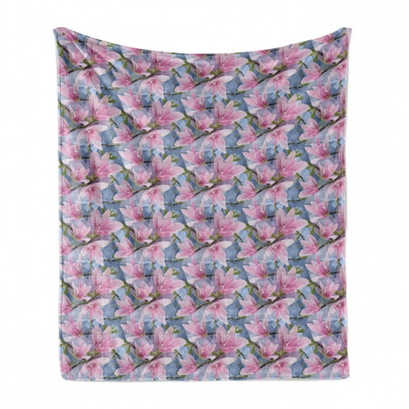 Magnolia Soft Flannel Fleece Throw Blanket, Low Poly Nature Composition Hand Drawn Botanic Garden Art Pattern, Cozy Plush for Indoor and Outdoor Use, 60" x 80", Bluegrey Pink and Green, by Ambesonne