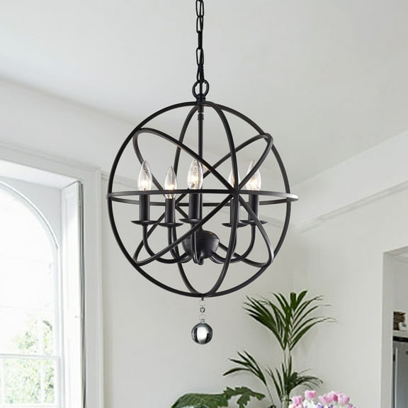 First Lighting Notus Black-finish Metal and Crystal 5-light Foyer Pendant