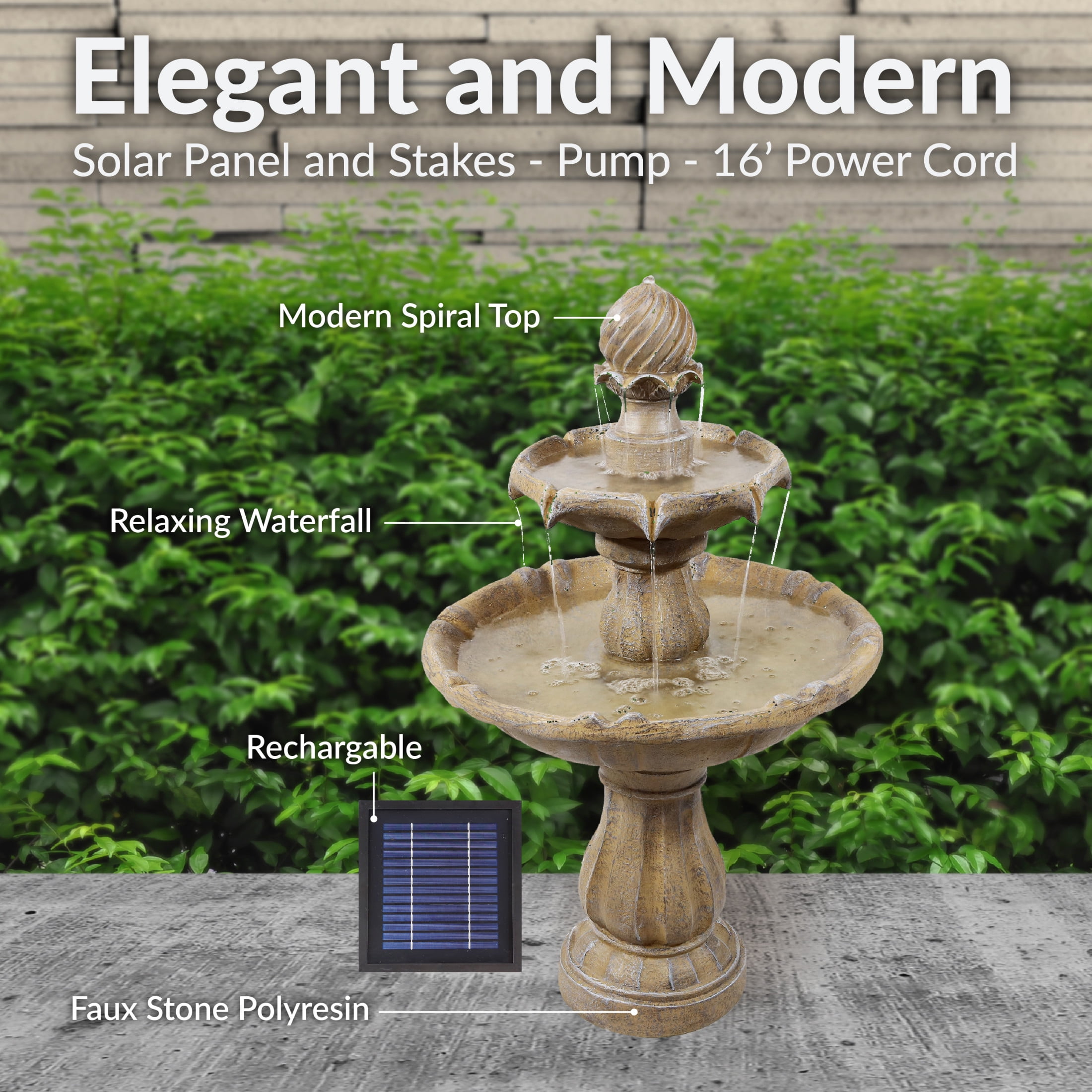 Sunnydaze Traditional Earth Resin 2-Tier Solar Water Fountain with Battery