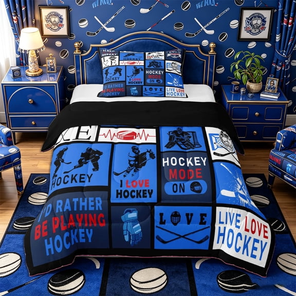 Castle Fairy Hockey Print Twin Comforter Sets 2pcs, Sport Minimalism Checkered Bedding Set, Blue Black,Black Reversible,1 Comforter and 1 Pillowcase