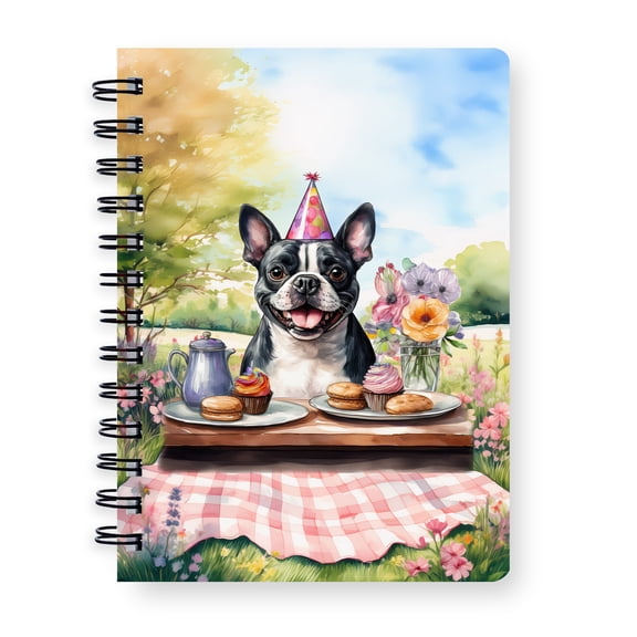 Happy Mother's Day Boston Terrier with Sweets and Flowers at a Picnic Spiral Bound Journal Gentleman Dog Lover Gifts 5x7in Spiral Notebook - 13005