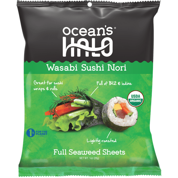 Ocean's Halo, Wasabi Sushi Nori Seaweed Sheets, Organic, Vegan, Shelf-Stable, Perfect Paper for Wraps, 10 per Pack, 1.4 oz.