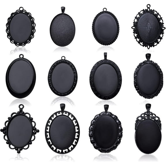 Aylifu 12pcs Black Oval Blank Bezel Pendant Trays Base Cabochon Settings Trays Pendant Blanks Photo Frame Cameo Alloy Charms for DIY Necklace Crafts Jewelry Making Findings, 12 Styles
