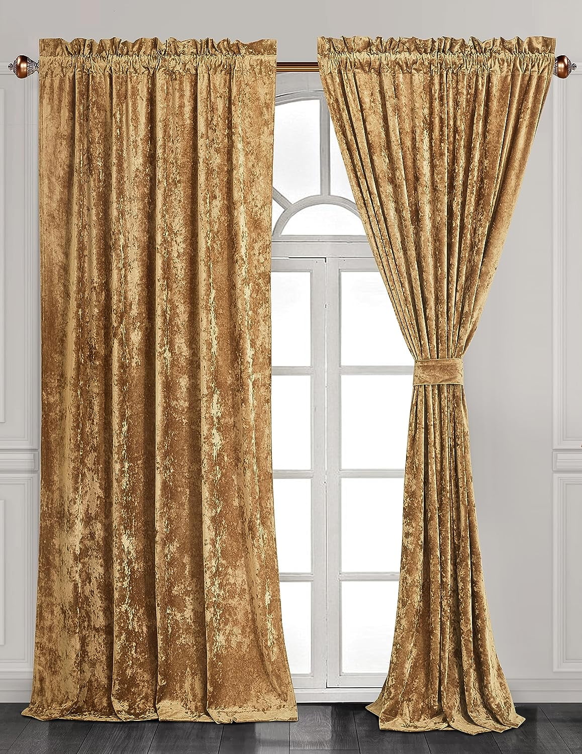 Chezmoi Collection Lux Caramel Gold Crushed Velvet Curtains 2 Panel Set, Room Darkening Luxury Distressed Velvet Rod Pocket Window Drapes for Living Room Bedroom 50" W x 84" L