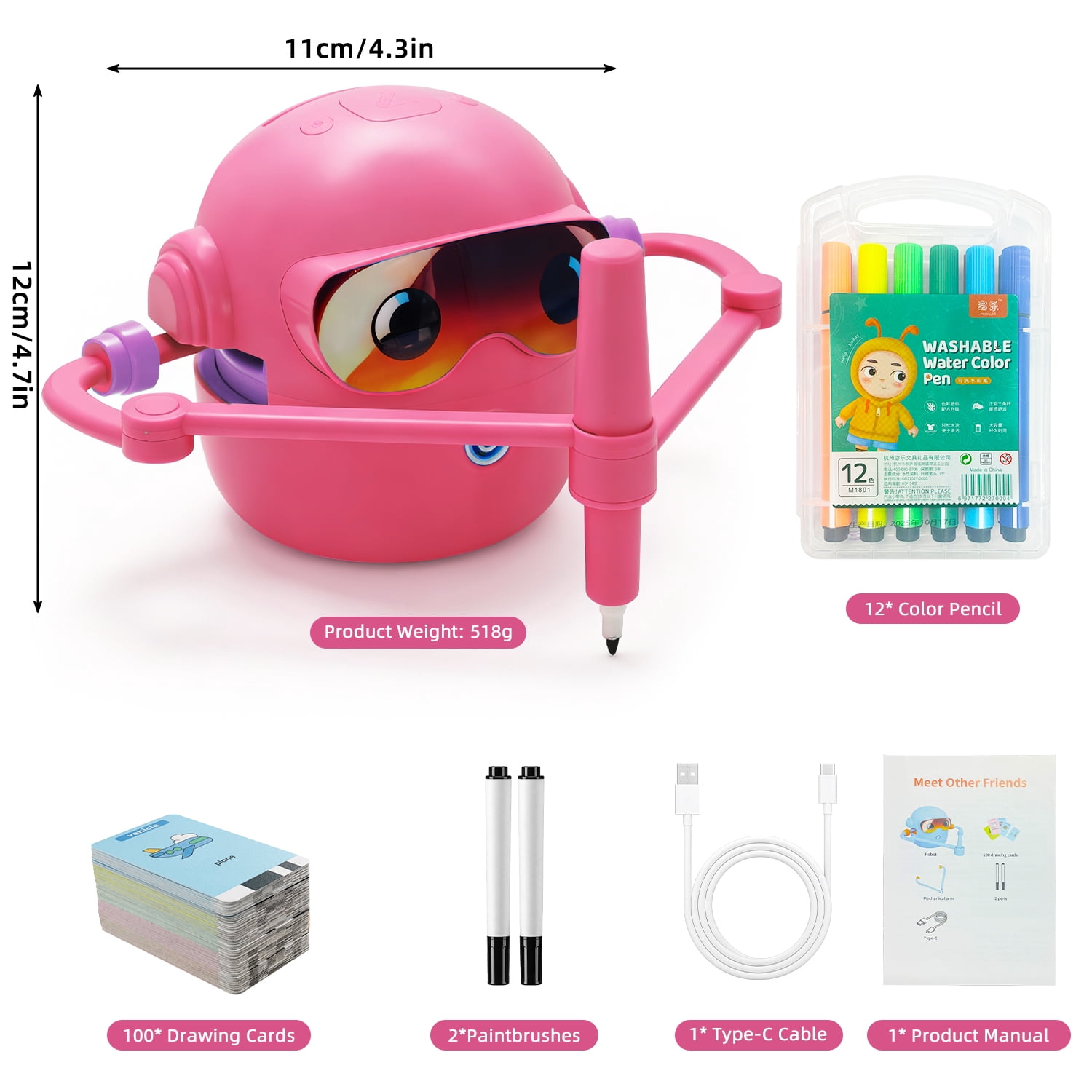 Educational Drawing Robot for Kids Ages 3-8 | Voice Interactive Learning Toys with 100 Word Cards & 12 Color Pens | Montessori Painting Machine for Boys Girls | Birthday Party Gifts (Pink)