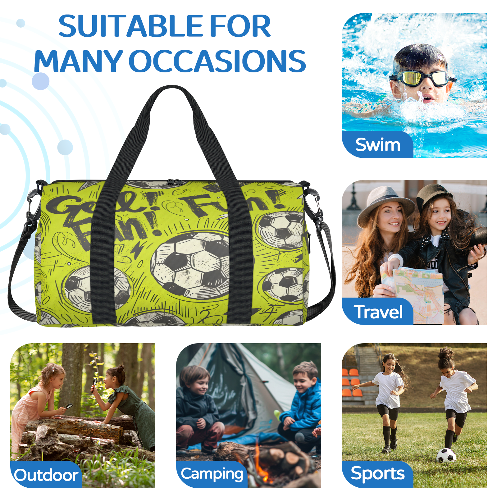 Herdesigns Soccer Gym Bag for Women, Duffle Bag for Travel Sport, Football Sports Theme Lightweight Waterproof Carry on Weekender Dance Yoga Workout Bags