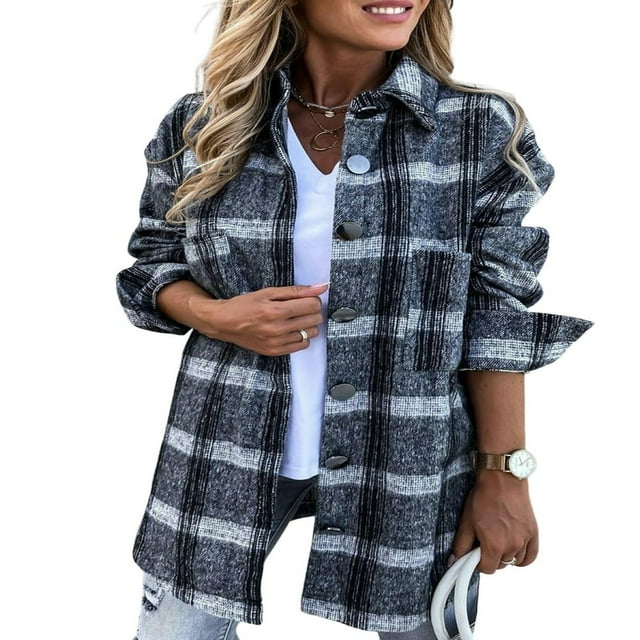 Women‘s Casual Lapel Plaid Long Sleeve Button Down Shacket Shirts Jacket Coat