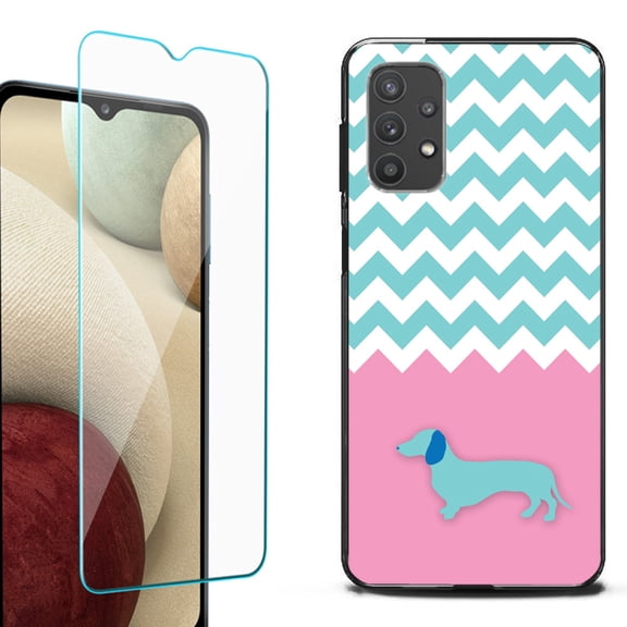 Slim-Fit Flexible TPU Gel Phone Case (black) for Samsung Galaxy A32 5G, with Tempered Glass Screen Protector, by OneToughShield ® - Chevron/Dachshund/Puppy