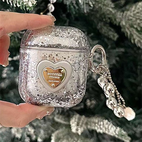 Cute 3D Love Heart Quicksand Headphones Protective Shell Soft Cover for AirPods 1 2 3 with Bead Pendant Case for AirPods Pro 2 (C,For Airpods Pro 2)