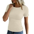 thumbnail image 6 of Fshiont Dressy Knit Womens Short Sleeve Stretch Crewneck Ribbed T-Shirt Fitted Casual Basic Tops Beige L, 6 of 6