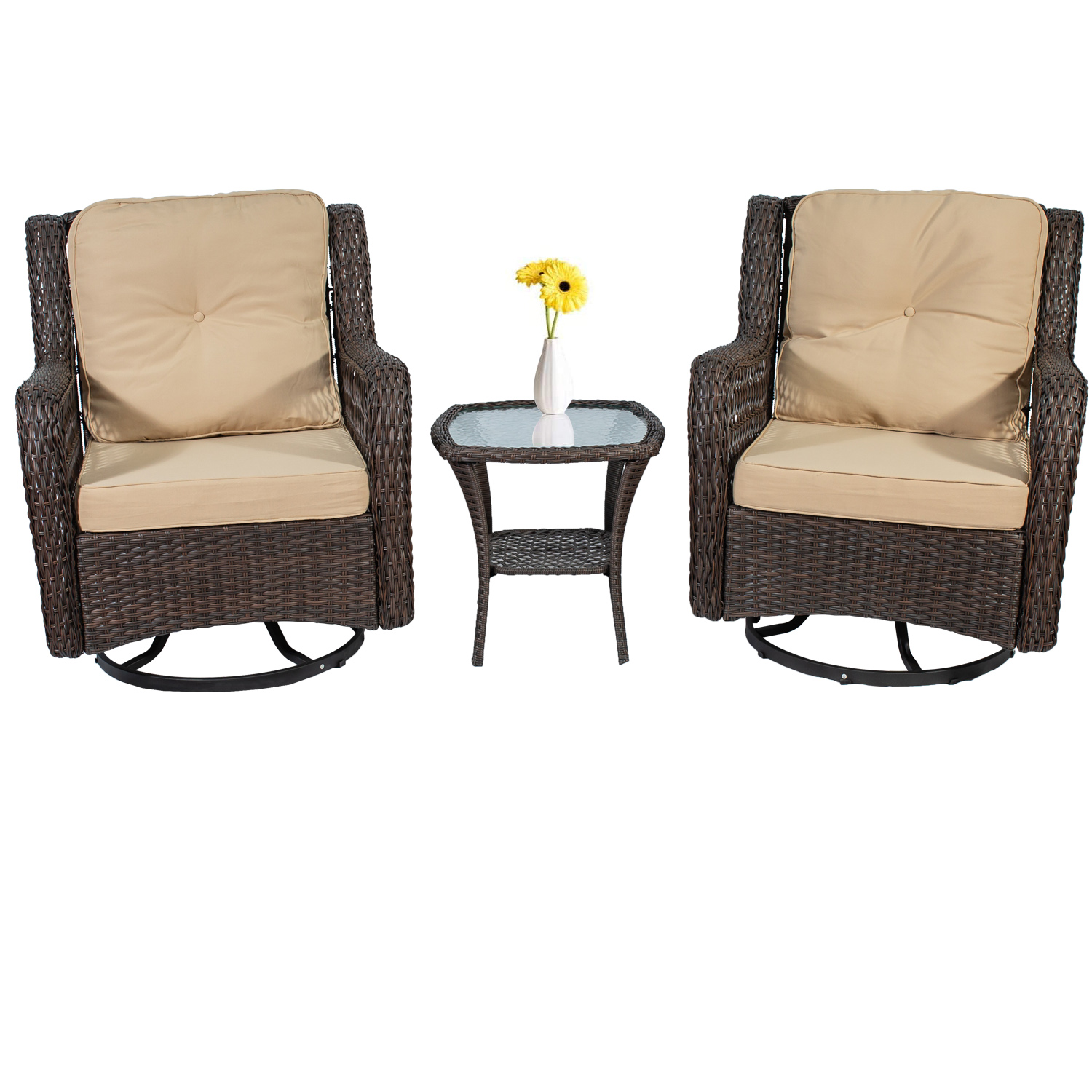 Outdoor Swivel Patio Lounge Chairs 3-Piece Patio Conversation Bistro Set w/Wicker Patio Chairs and Side Table for Small Space Deck Porch 350 LBS Beige - image 5 of 13