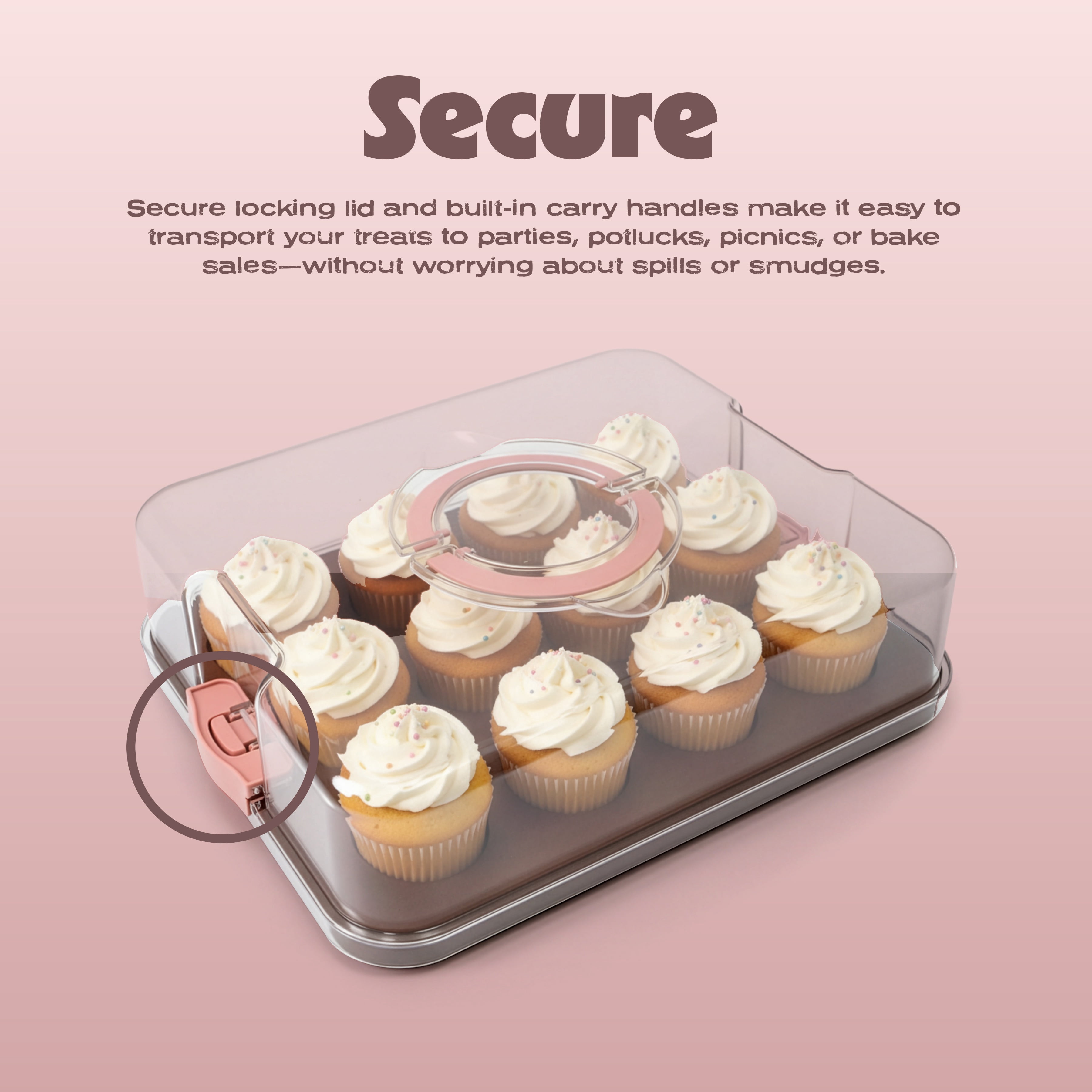 Cook with Color 12-Cupcake Reversible Dark Walnut Wood Rectangular Cake Carrier with Clear Locking Lid