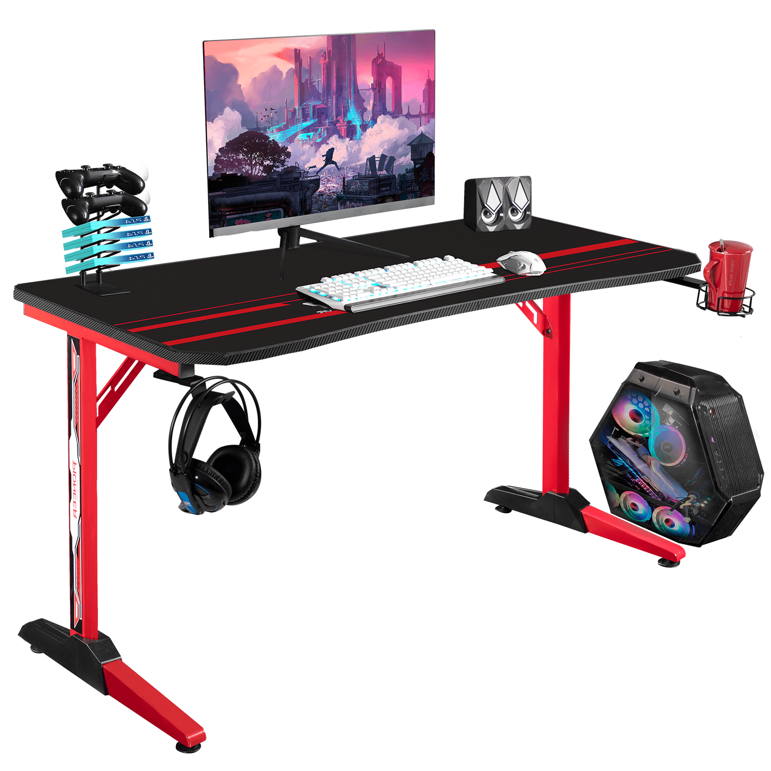 T-Shaped Legs Computer Gaming Desk with Cup Holder & Headphone Hook 