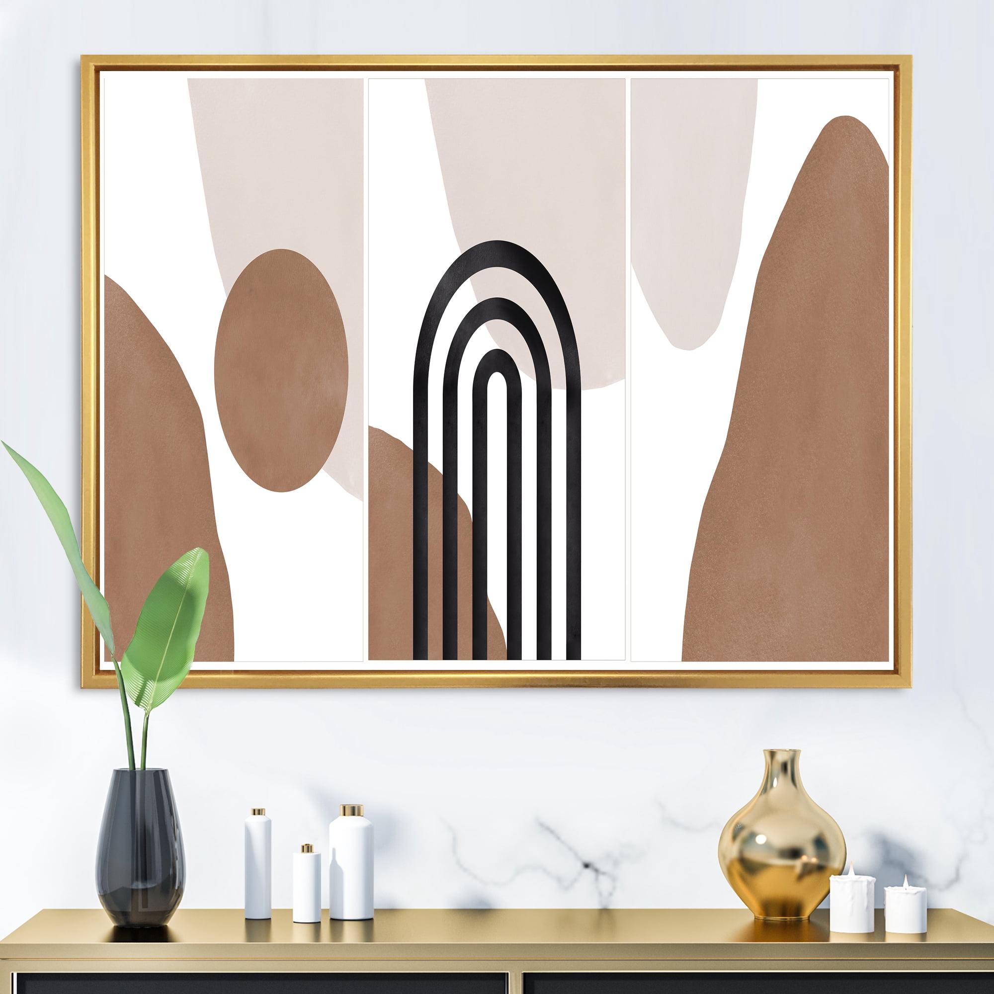 Designart 'Abstract Shapes in Ivory and Terracotta Shapes II' Modern Framed Canvas Wall Art Print