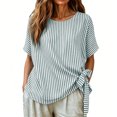 thumbnail image 5 of Cotton Linen Striped Elegant Tops for Women Trendy Outdoor Tie Shirts for Summer Lightweight Loose Fit Crewneck Short Sleeve Tee, 5 of 8