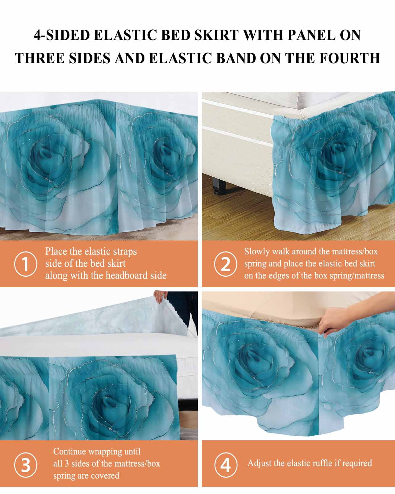 Marble Teal Blue Wrap Around Bed Skirts for King Bed 16" Drop,Bed Skirt with Adjustable Elastic Belt Dust Ruffle Bed Valance for Bedroom Hotel Modern Rose Floral Ink Art Silver Lines Bed Frame Cover