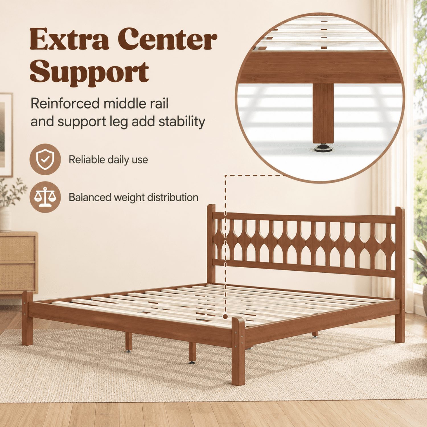 Miniyam King Size Bamboo Platform Bed Frame with Geometric Headboard, Brown