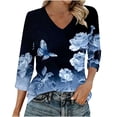 thumbnail image 2 of T Shirt for Women V Neck Three Quarter Sleeve Fashion Streetwear Loose Fit Butterfly And Rose Graphic Print Breathable Top, 2 of 6