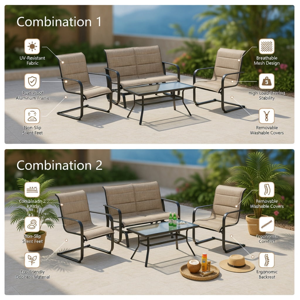 Hommoo 3-Piece Outdoor Bistro Set, Adjustable Backrest Chairs & Tempered Glass Table for Patio, Balcony, Porch, Gray