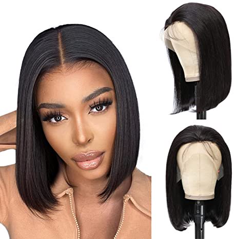 Peluca recta bob Pelucas frontales de cabello humano prearrancado con cabello de bebé HD Peluca frontal transparente Pelucas brasileñas de cabello humano virgen Bob corto para mujeres negras (10 pulg JAMW Sencillez