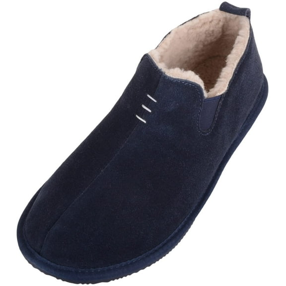 Mens Genuine Sheepskin Easy Slip On Twin Gusset Winter Slipper Boot - Navy - US 9