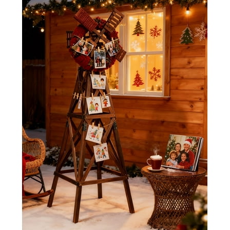 Zimtown 6.9' Dark Brown Cross Lattice Wooden Windmill,Outdoor Garden Decor for Yard & Patio