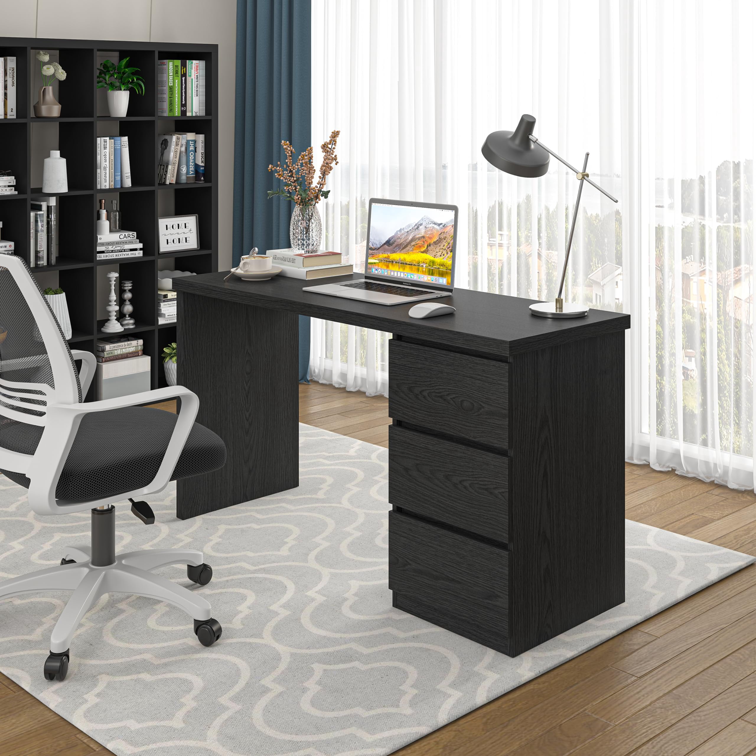 Computer Desk with Drawers, Wood Work Desk, Home Office PC Desk Workstation with Storage, Modern Gaming Computer Table for Bedroom, Living Room, 53.5 inches, Black